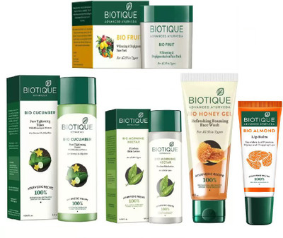 

BIOTIQUE BIO Cucumber Pore Tightening Toner, Bio Morning Nectar Flawless Skin Lotion, Bio Honey Gel Refreshing Foaming Face Wash, Bio Fruit Face Pack, LIP BALM(Set of 5)