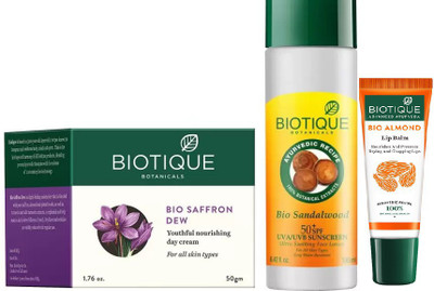 

BIOTIQUE BIO Saffron Dew Youthful Nourishing Day Cream, Bio Sandalwood Ultra Soothing Face Lotion 50+ SPF UVA/UVB Sunscreen , lip care(Set of 3)