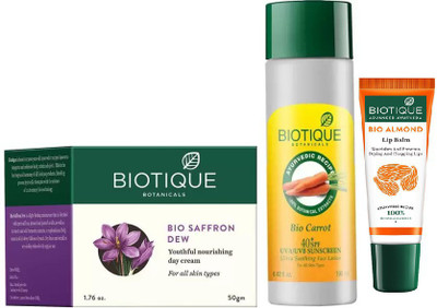 

BIOTIQUE BIO Saffron Dew Youthful Nourishing Day Cream, Bio Carrot 40+ Spf Sunscreen Ultra Soothing Face Lotion, lip care(Set of 3)
