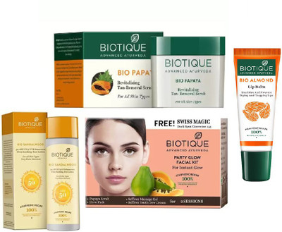 

BIOTIQUE BIO Sandalwood Ultra Soothing Face Lotion 50+ SPF UVA/UVB Sunscreen, Bio Papaya Revitalizing Tan Removal Scrub, Bio Party Glow Facial Kit, LIP BALM(Set of 4)