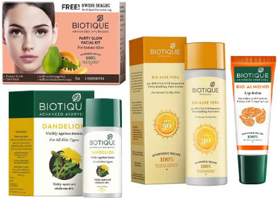 

BIOTIQUE BIO Party Glow Facial Kit, Bio Dandelion Ageless Lightening Serum, Bio Aloe Vera Ultra Soothing Face Lotion SPF 30 UVA/UVB Sunscreen , LIP CARE(Set of 4)