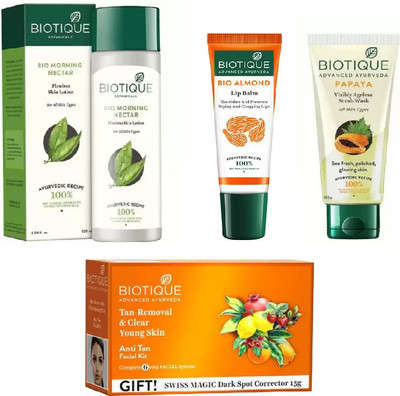 

BIOTIQUE BIO anti-tan facial kit, Morning Nectar Flawless Skin Moisturizer, papaya face wash, LIP CARE(Set of 4)