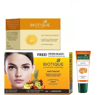 

BIOTIQUE BIO Sandalwood 50+ Spf Sunscreen Ultra Soothing Face Cream, Bio Anti Tan Facial Kit , LIP CARE(Set of 3)