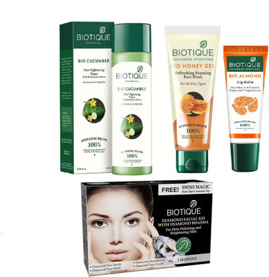 

BIOTIQUE BIO Cucumber Pore Tightening Toner, Bio Honey Gel Refreshing Foaming Face Wash, Bio Diamond Facial Kit , LIP CARE(Set of 4)