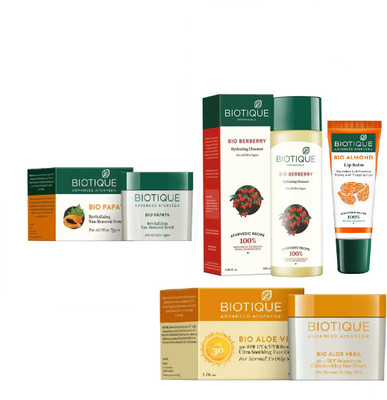 

BIOTIQUE BIO Aloe Vera 30+ Spf Sunscreen Cream, Bio Papaya Revitalizing Tan Removal Scrub, Bio Berberry Hydrating Cleanser , LIP CARE(Set of 4)
