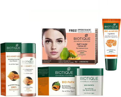 

BIOTIQUE BIO Honey Gel Refreshing Foaming Face Cleanser For All Skin Types, Bio Party Glow Facial Kit, Bio Papaya Revitalizing Tan Removal Scrub, Lip Balm(Set of 4)