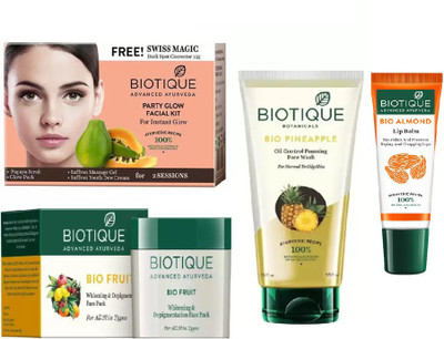 

BIOTIQUE BIO Party Glow Facial Kit, Bio Fruit Face Pack, Bio Pineapple Oil Control Foaming Face Wash, Lip Balm(Set of 4)