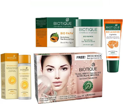 

BIOTIQUE BIO Sandalwood 50+ Spf Sunscreen Ultra Soothing Face Lotion, Bio Papaya Revitalizing Tan Removal Scrub, Bio Pearl White Facial Kit , LIP BALM(Set of 4)