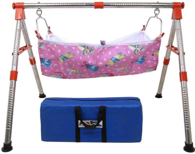 

honest Indian Style semi Folding Stainless Steel Ghodiyu (Baby Cradle) with Cotton Hammock(Silver)