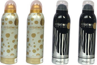 

Rasasi Relation Pour Femme & Relation Pour Homme (Pack of 4) Deodorant Spray - For Men & Women(800 ml, Pack of 4)