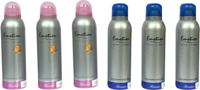 

Rasasi Emotion Pour Homme & Emotion Pour Femme (Pack of 6) Deodorant Spray - For Men & Women(1200 ml, Pack of 6)