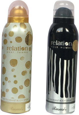 

Rasasi Relation Pour Femme & Relation Pour Homme (Pack of 2) Deodorant Spray - For Men & Women(400 ml, Pack of 2)
