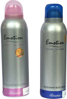 

Rasasi Emotion Pour Homme & Emotion Pour Femme (Pack of 2) Deodorant Spray - For Men & Women(400 ml, Pack of 2)