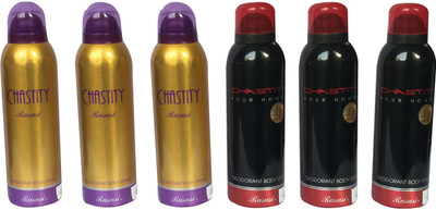 

Rasasi Chastity Pour Homme & Chastity Pour Femme (Pack of 6) Deodorant Spray - For Men & Women(1200 ml, Pack of 6)