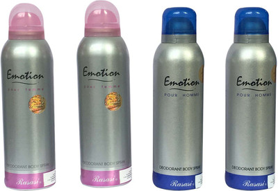 

Rasasi Emotion Pour Homme & Emotion Pour Femme (Pack of 4) Deodorant Spray - For Men & Women(800 ml, Pack of 4)