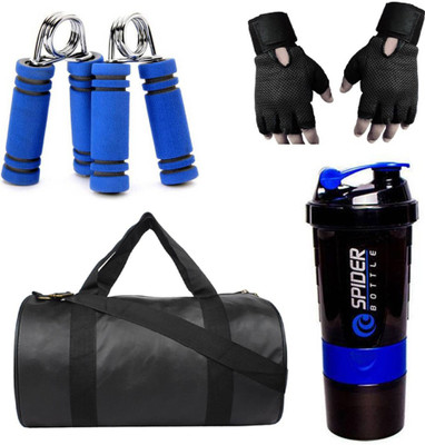 Rocket Sales Combo Of Leatherite (Black) Gym Bag, Gloves (Black), Spider Shaker (Blue) And Hand Gripper (Blue) Fitness Accessory Kit Kit