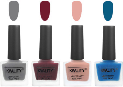 

Kwality Velvet Dull Matte Nail Polish Grey,Maroon,Salmon Pink,Peacock Blue(Pack of 4)