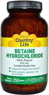 

Country Life Betaine Hydrochloride -- 600 mg - 250 Tablets(250 No)