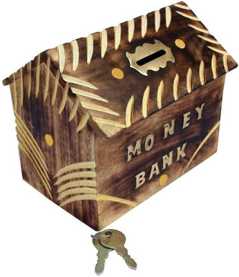 

vilton Beautiful shape Wooden coin box/piggy money bank Coin Bank(Brown)