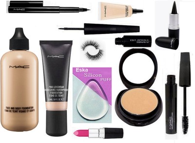 

eska Silicon Puff,Mac Face And Body Foundation, Compact, Liquid Eyeliner, Candy Yum Yum Lipstick,Select Cover-up, Eyelashes, Haute and Naughty Mascara, Pen Liner,Stick Kajal & Prolong wear Foundation(Set of 11)