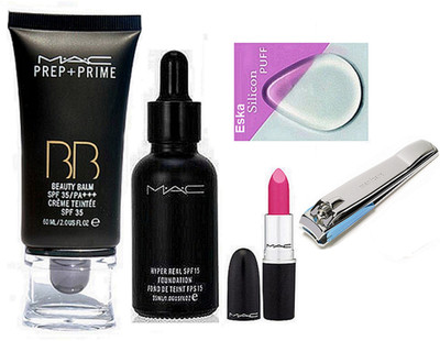 

eska Silicon Puff, Mac Prep- Prime BB Beauty Balm Cream, Hyper Real Foundation, Candy Yum-yum Lipstick & Nail Cutter(Set of 5)