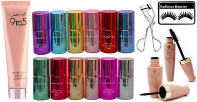 

radiance booster Eyelashes & Nail Paint (Pack Of 12) & Water Proof Eyeliner+Mascara & Weightless Mousse Foundation & Eyelashes Curler(Set of 17)