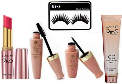 

eska Eyelashes,Lakme 9 to 5 Matte Prime Lipstick, Waterproof Eyeliner, Mascara, Cc Cream Colour Transform Review(Set of 5)