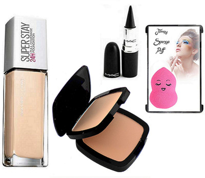 

jenney Sponge Puff & Two Way Compact, Stick Kajal, Superstay 24H Full Coverage Foundation(Set of 4)