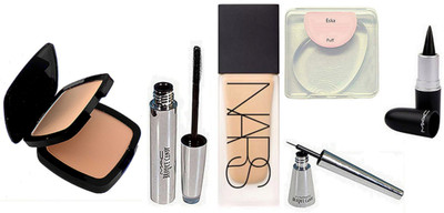 

eska Silicon Puff, Mac Two Way Compact, Brooke Candy Mascara & Eyeliner, Nars Liquid Foundation, Stick Kajal(Set of 6)