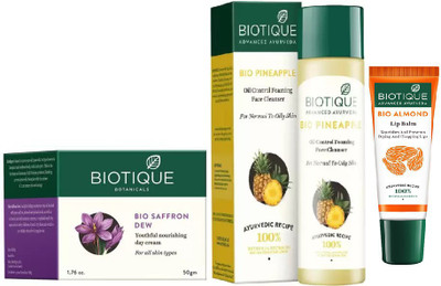 BIOTIQUE BIO Saffron Dew Youthful Nourishing Day Cream, Bio Pineapple Oil Control Face Cleanser For Normal To Oil Skin , lip care(Set of 3)