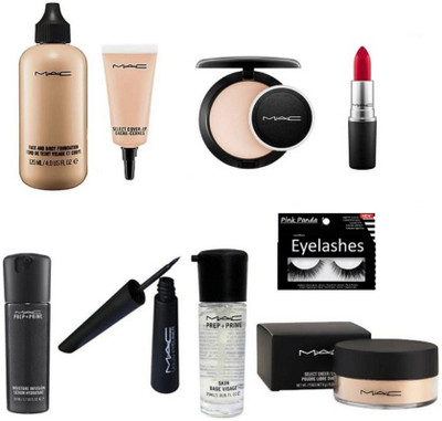 

pink panda Eyelashes, Mac Liquied Eyeliner, Face Serum, Loose Powder, Matte Lipstick, Studio Fix Compact, Select Cover up Concealer, Face & Body Foundation(Set of 9)