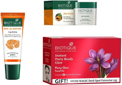 

BIOTIQUE BIO PARTY GLOW FACIAL KIT, Papaya Revitalizing Tan-Removal Scrub, LIP BALM(Set of 3)
