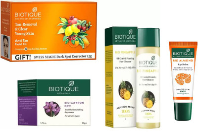 

BIOTIQUE BIO anti-tan facial kit, saffron dew youthful nourishing day cream, PINEAPPLE OIL CONTROL FACE CLEANSER, LIP BALM(Set of 4)