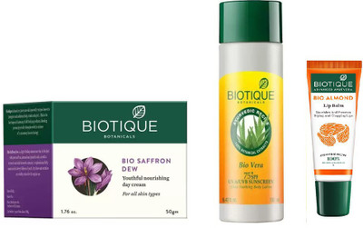 

BIOTIQUE BIO Saffron Dew Youthful Nourishing Day Cream, Bio Vera 75+ Spf Sunscreen Ultra Soothing Body Lotion, lip care(Set of 3)