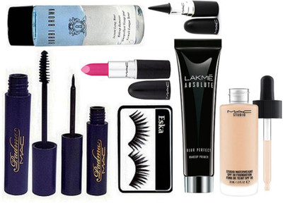 

eska Eyelashes, Mac WaterWieght Foundation, Padma Eyeliner+Mascara, Stick Kajal, Sponge Puff, Candy Yum-Yum Lipstick & Bobbi Brown Make Up Remover & Lakme Absolute Blur Primer(Set of 8)