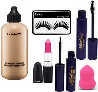 

eska Eyelashes,Mac Face And Body Foundation,Candy Yum-Yum Lipstick, Eyeliner+Mascara,Sponge Puff(Set of 6)