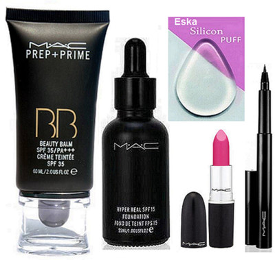 

eska Silicon Puff , Mac Hyper Real foundation, Candy Yum-yum Lipstick, Prep_Prime BB Beauty Balm Cream, Pen Eyeliner(Set of 5)