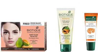 BIOTIQUE BIO Party Glow Facial Kit, Bio Papaya Exfoliating Face Wash , LIP CARE(Set of 3)