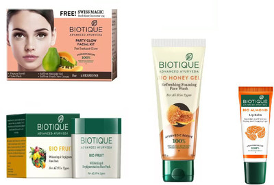 

BIOTIQUE BIO Party Glow Facial Kit, Bio Fruit Face Pack, Bio Honey Gel Refreshing Foaming Face Wash For All Skin Types , LIP BALM(Set of 4)