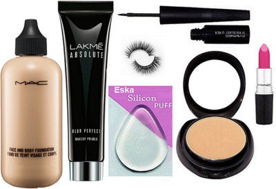 

eska Silicon Puff,Mac Face And Body Foundation, Compact, Liquid Eyeliner, Candy Yum Yum Lipstick, Eyelashes & Lakme Absolute Blur Perfect Primer(Set of 7)