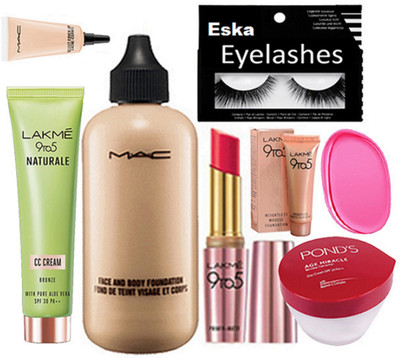 

eska Eyelashes,Mac Face & Body Foundation,Select Coverup Concealer,Lakme 9 To 5 Matte Lipstick,Mousse Foundation,CC Cream,Ponds Cream,Silicon Puff(Set of 8)