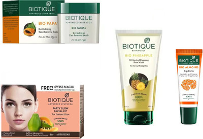 

BIOTIQUE BIO bio Papaya Revitalizing Tan Removal Scrub, Bio Pineapple Oil Control Foaming Face Wash, Bio Party Glow Facial Kit, LIP CARE(Set of 4)