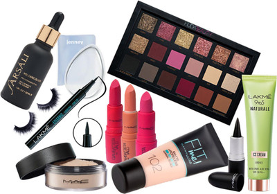 

jenney Silicon Puff & Huda Beauty Palette & Farsali Fcae Serum & Lakme Eyeconic Kaj & Fit Me Foundation & Losse Powder & Mac Giambattista Valli Lipstick (pack of 3)& Eyelashes & Lakme 9 To 5 Naturale Cream(Set of 12)
