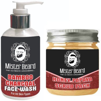 

MISTER BEARD Bamboo Charcoal Face Wash 200ml WITH Honey Papaya Scrub Pack 100gm(Set of 2)