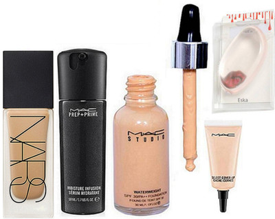

Eska Silicon Puff, Nars Foundation,Mac Prep+Prime infusion Face Serum, Studio Water Weight Foundation, Select Cover up Concealer(Set of 5)