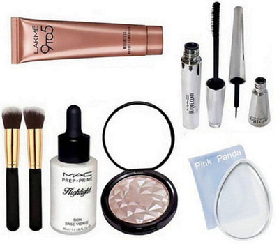 

pink Panda Silicon Puff,Lakme Mousse Foundation, Makeup Brush-2, Mac Brooke Candy Eyeliner & Mascara, Highlighter, Illuminator(Set of 7)