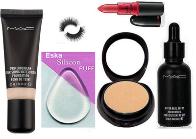 

eska Silicon Puff,Mac Compact,Hyper Real Foundation, Lady Gaga Matte Lipstick &Pro Long wear Nourishing Foundation,Eyelashes(Set of 6)
