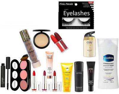 

pink panda Eyelashes, Olay Day Cream, Lakme Sun Expert, 9to5 CC Cream, Mac Studio Fix Compact, Highlighter, Mascara, 3 Sheds Blusher, BB Cream, Face Serum, Giambttista Lip Gloss-2, Colorbaar Lipstick-3, Veseline Body Lotion(Set of 15)