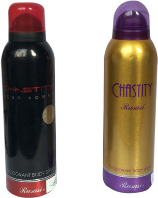 

Rasasi Chastity Pour Homme & Chastity Pour Femme (Pack of 2) Deodorant Spray - For Men & Women(400 ml, Pack of 2)