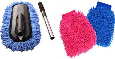 mega shine SUPER SOFT Wet and Dry 1 Car duster and Glove Set (Free Size Pack of 2) Wet and Dry Duster Set(Pack of 3)